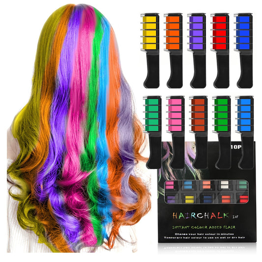 Colorful Hair Chalk Comb, Temporary Bright Hair Color Dye for Girls and Kids, Washable Hair Chalk for Party Birthday DIY Makeup Cosplay Look (10 Colors)