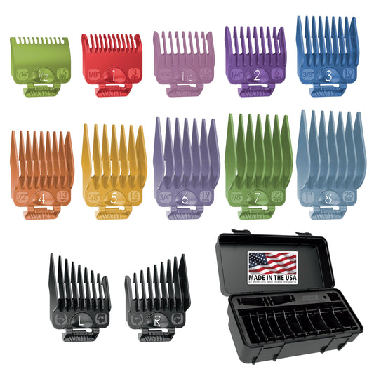 Wahl Clipper Genuine Secure-Fit™ Attachment Guard Organization Kit with Color Pro Colored Hair Clipper Guide Combs, 14 Piece Premium Storage Kit Hair Clippers, Multicolor - 3291-100