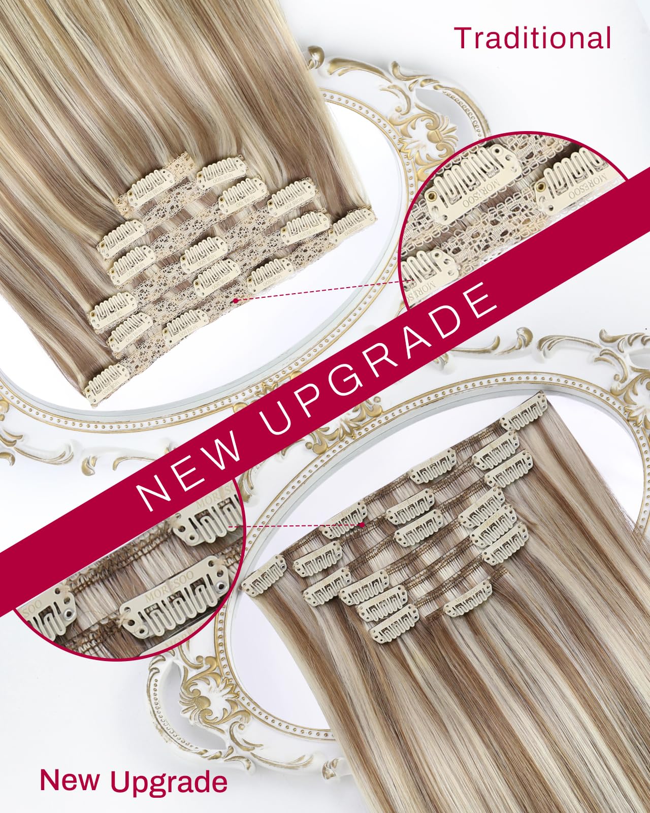 Moresoo Clip in Hair Extensions Real Human Hair Balayage Human Hair Clip in Extensions Ombre Dark Brown to Golden Brown with Dark Ash Blonde Hair Extensions for Women 7Pcs 120G 18inch