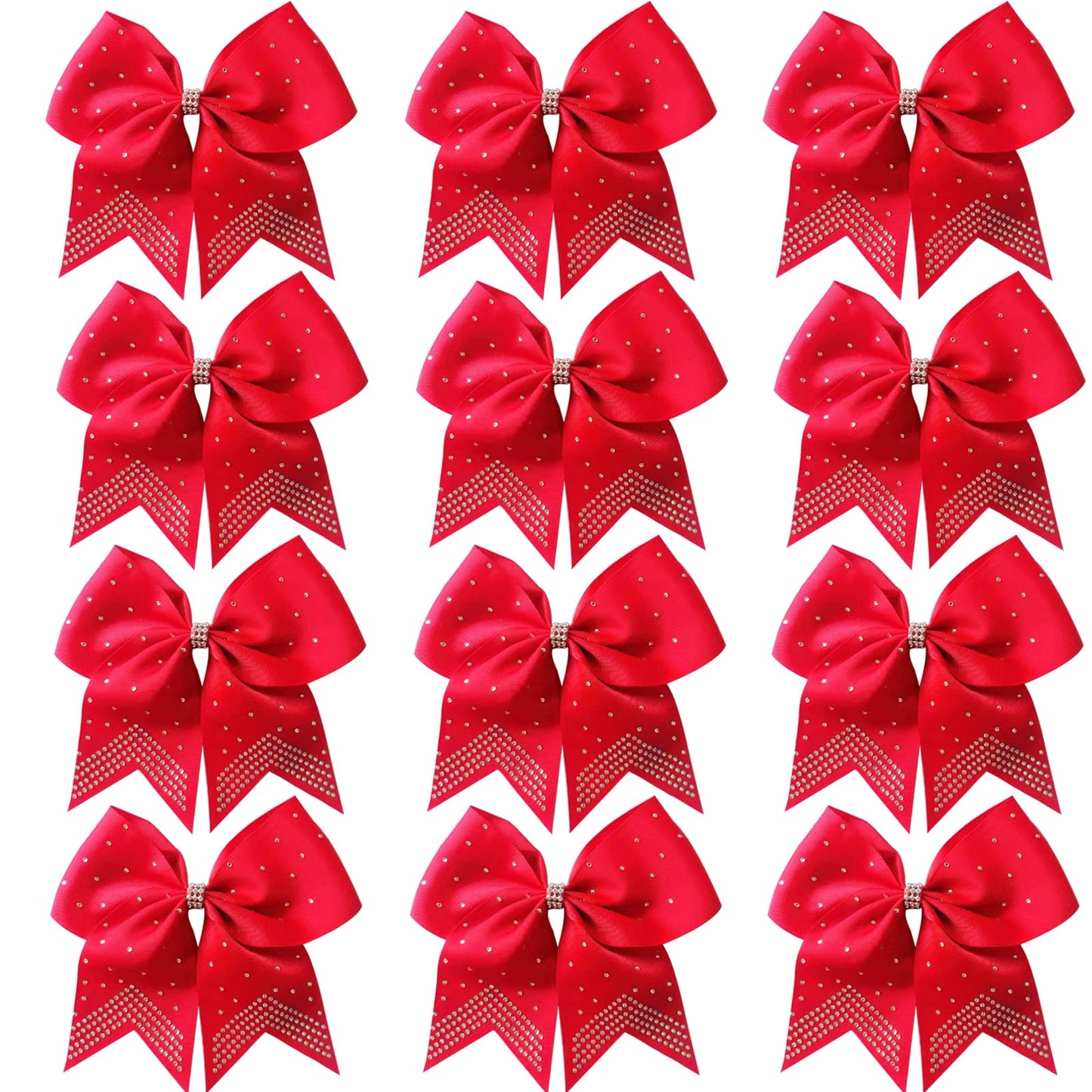 Hipcheer 12PCS 8" Rhinestones Large Cheer Hair Bows for Girls, Hand-made Grosgrain Ribbon Hair Accessories for Teen Girls Softball Cheerleader Sport (Red)