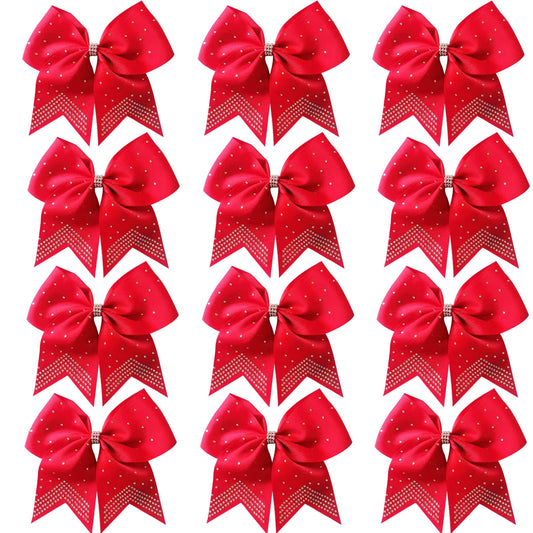 Hipcheer 12PCS 8" Rhinestones Large Cheer Hair Bows for Girls, Hand-made Grosgrain Ribbon Hair Accessories for Teen Girls Softball Cheerleader Sport (Red)