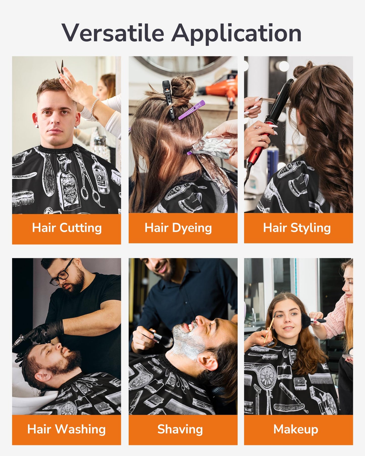 ULG Professional Hair Cutting Cape with Neck Duster Brush Waterproof Extra Large Size Salon Barber Cape Haircut Cape for Men Women and Kids, 57”×72” Full Body Coverage, Black with White Printing