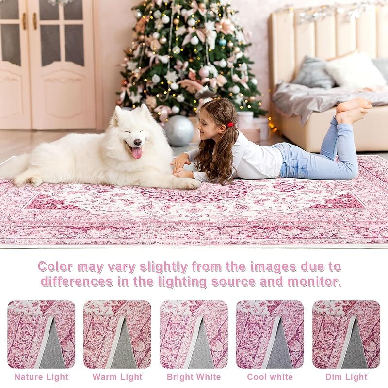 Washable Vintage Area Rug 8x10 - Pink Medallion Distressed Rug with Non-Slip Backing (Variation: Pink & White+8' x 10' Rectangular)