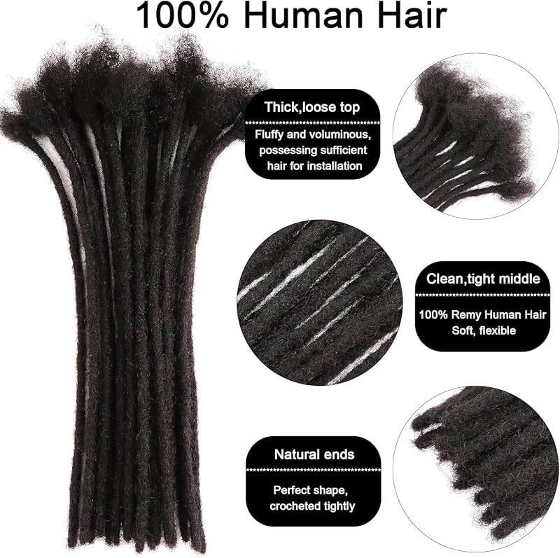 Natural Black 6in 0.8cm 20 Locs Handmade Afro Dreadlock Extensions - 100% Human Hair, 6in, 20 Strands