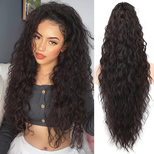 ORSUNCER Claw Long Wavy Ponytail Extension Black Brown 30" Curly Pony Tail Clip in Hair Extensions for Women fluffy Natural Looking Synthetic Hairpiece for Daily Use
