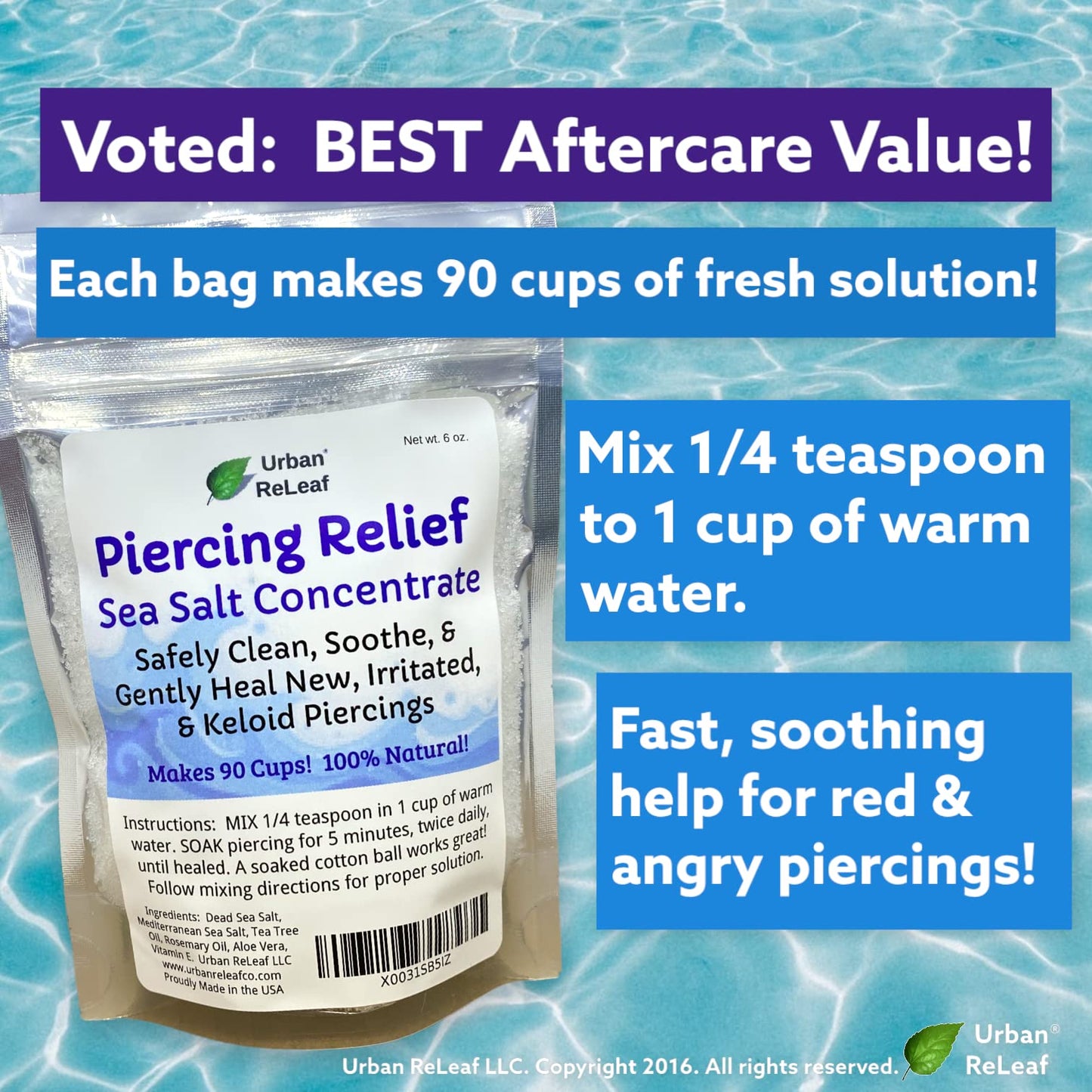 Urban ReLeaf Piercing Relief Sea Salt Concentrate AFTERCARE 6 oz. Bag! Makes 90 Cups! Safely Clean, Soothe, Gently Calm Irritated & Keloid Bump Piercings. Dead Sea Salt, Tea Tree, Rosemary