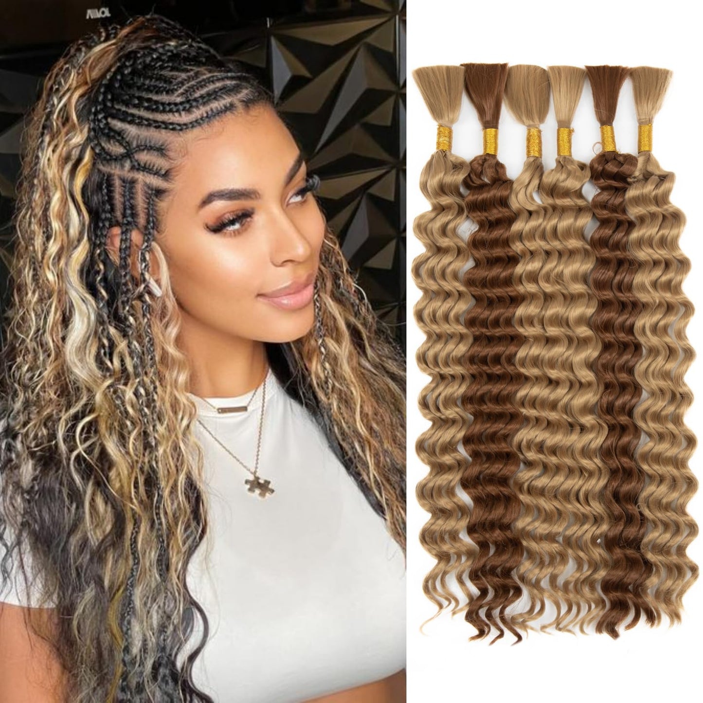 Boho Hair for Braiding, 6 Bundles 24 Inch Deep Wave Bulk for Boho Braids No Weft 200G Curly Bohemian Wet and Wavy Faux Braiding Hair Extensions,(P27/30#)