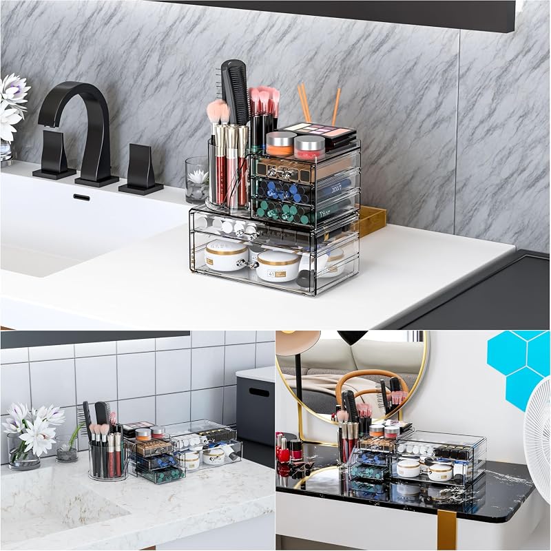 Clear Acrylic Makeup Organizer Set with Brush Holder – 2-in-1 Vanity Storage Box, 3 Pack