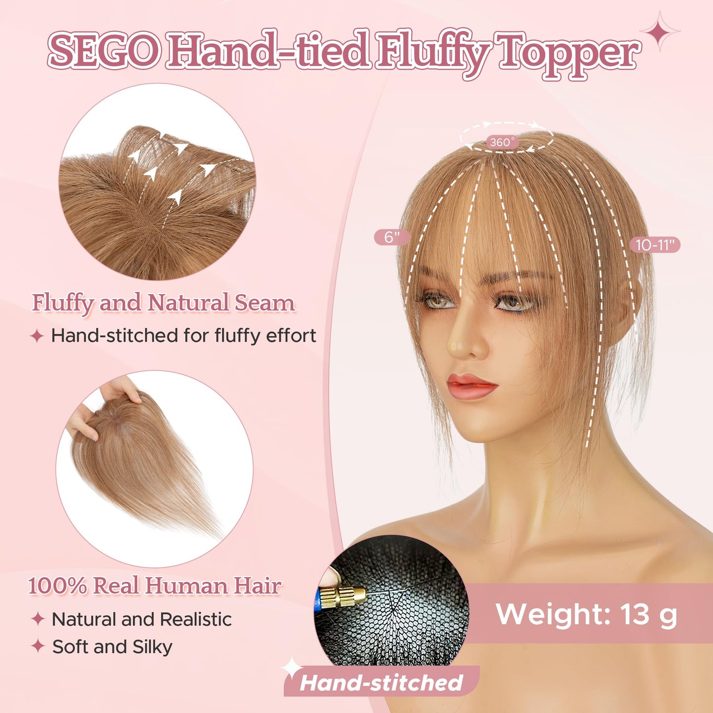 SEGO Hair Toppers for Women Real Human Hair with Wispy Bangs, 9 * 12.5 cm Hand-tied Base Invisible Edges Breathable Fluffy Clip in Top Hairpieces Add Volume -06 Light Brown