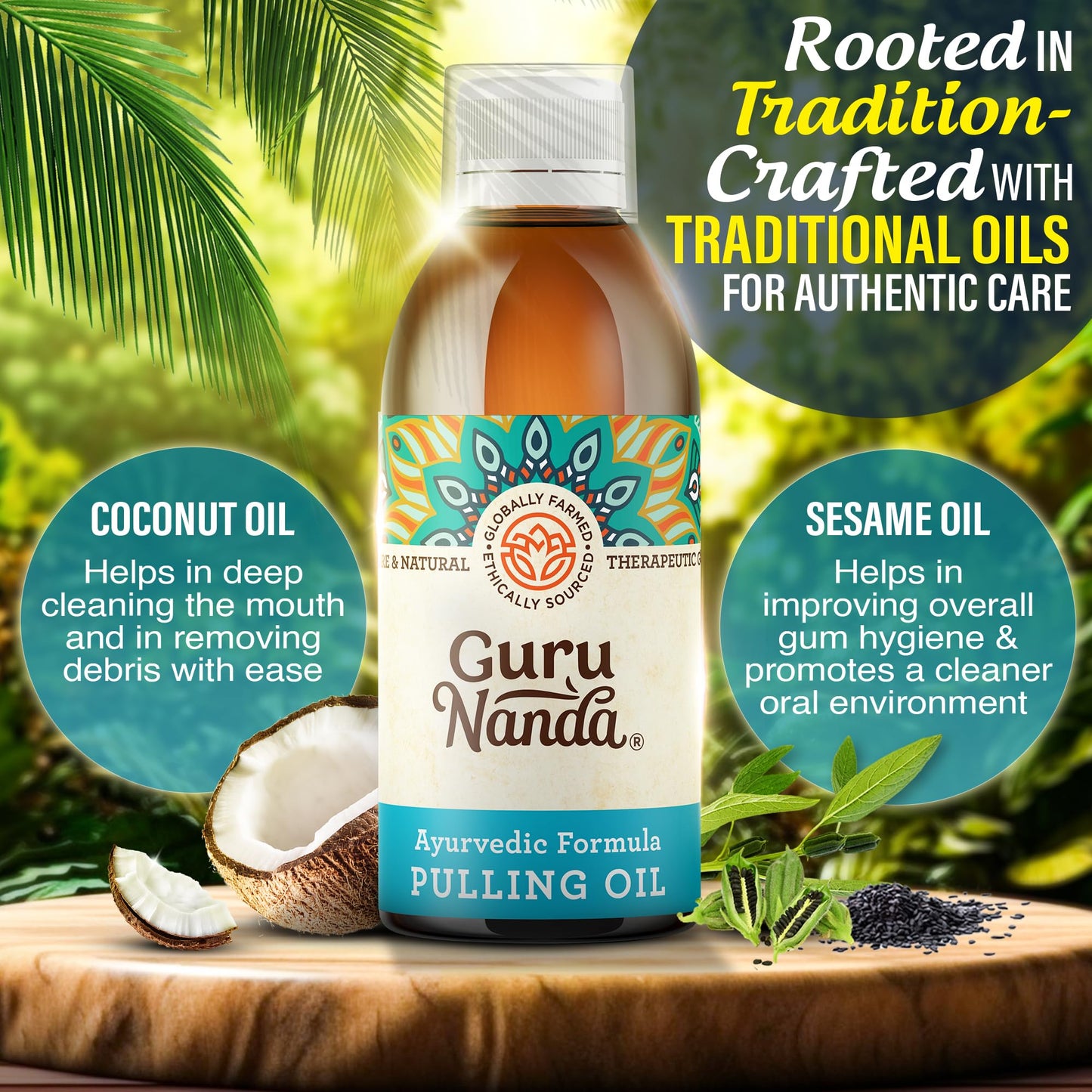 GuruNanda Original Oil Pulling Mouthwash, Promotes Deep Cleaning, with Coconut & Sesame for Teeth & Gum Health & Fresh Breath, Alcohol-Free, 8.45 Fl Oz