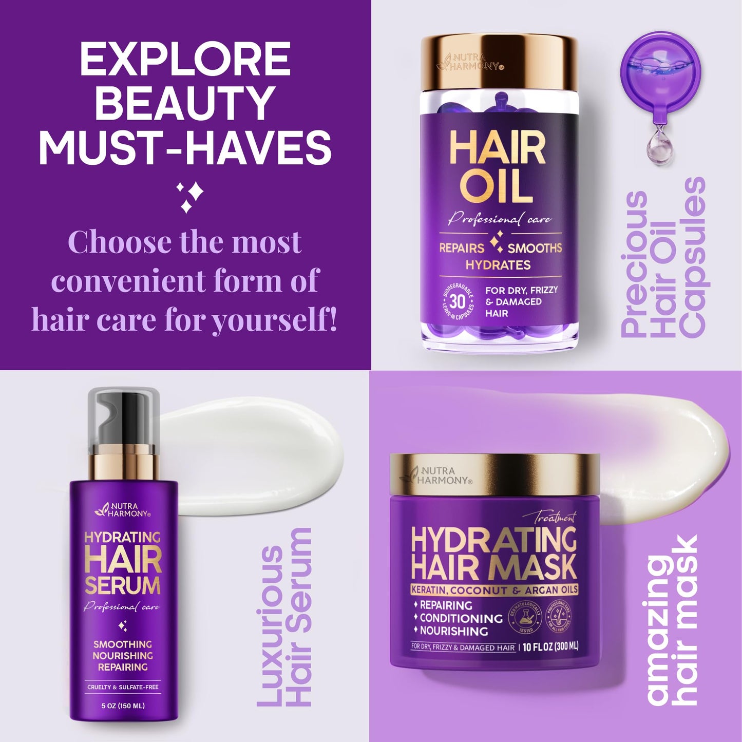NUTRAHARMONY Hydrating Hair Mask for Dry, Frizzy & Damaged Hair – Deep Conditioning Keratin Treatment with Argan & Coconut Oils, Collagen & Biotin – Repairing, Anti-Frizz Hair Mask for Women, 10oz