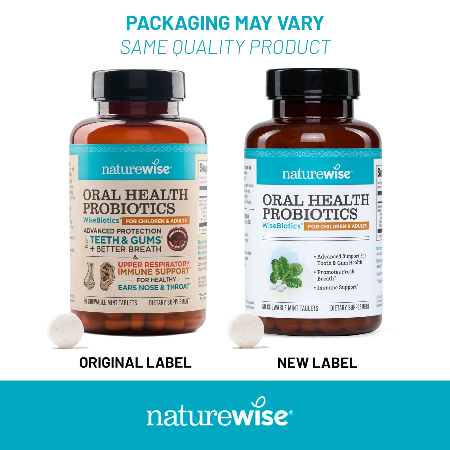 NatureWise Oral Probiotics for Teeth and Gums + Fresh Breath* - Chewable Sugar-Free Mint Tablet - Lactobacillus reuteri Chewable - Oral Health Probiotics For Kids & Adults - 50 Count[50-Day Supply]