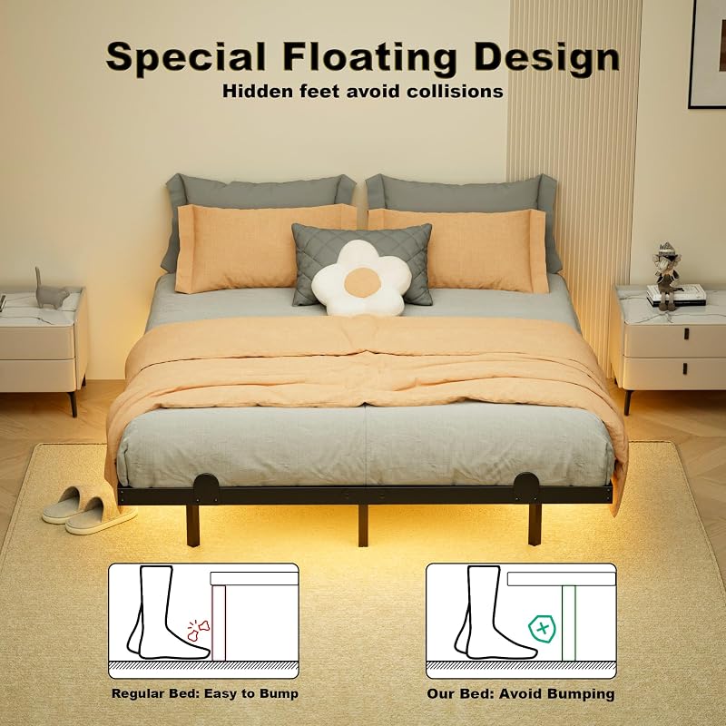 Floating Queen Bed Frame with LED Lights & Charging Station - 14" Variation
