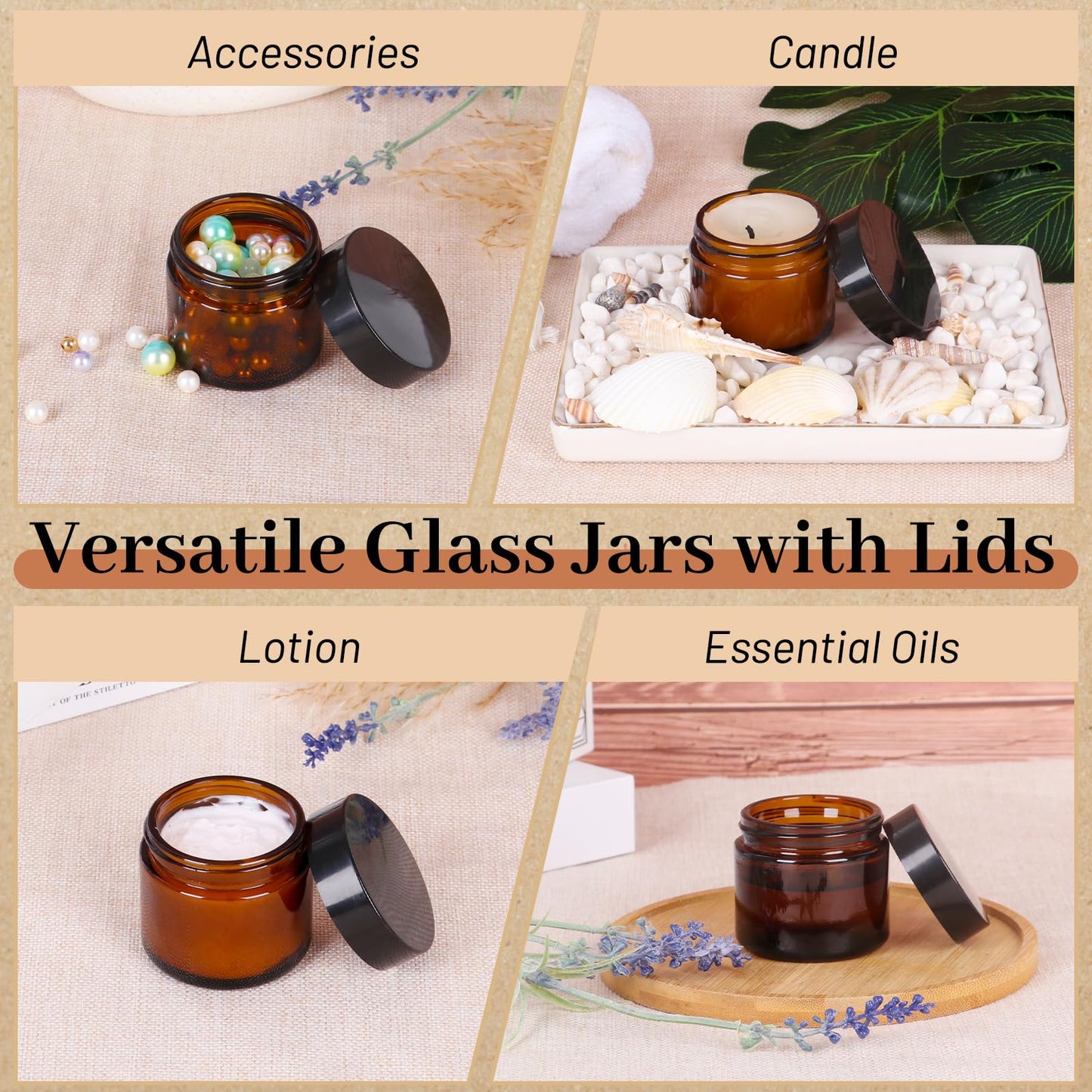 2oz Amber Glass Jars with Lids 24Pack- 2 oz Airtight Small Jars with Lids&Stickers for Cosmetics, Body Butter, Candle Making (2fl.oz-24Pack)