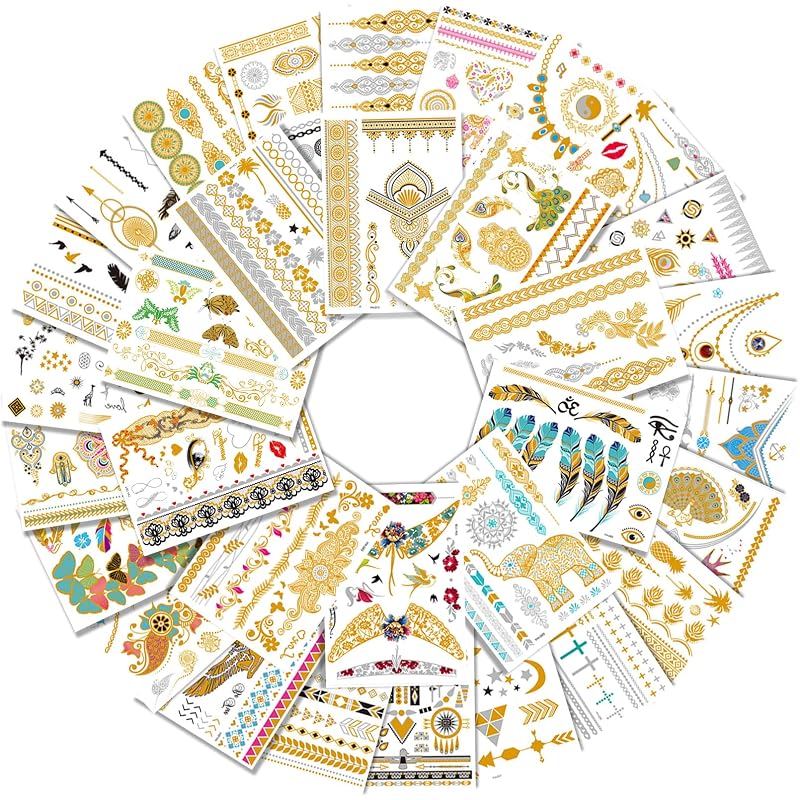 Gold & Silver Temporary Tattoos 32 Sheets – Waterproof Metallic Body Art Set