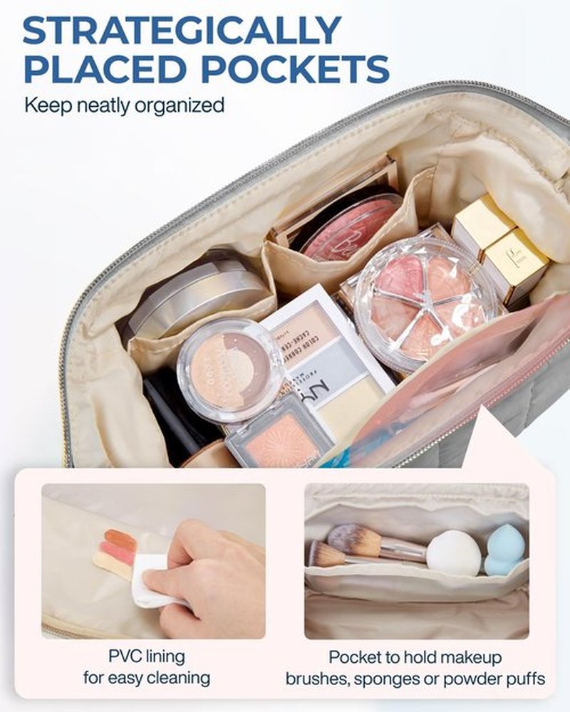 BAGSMART Makeup Bag Travel Toiletry Bag, Puffy Padded Make Up Bags for Women Makeup Organizer Case, Wide-open Pouch Purse Travel Essentials Toiletries Accessories Brushes, Gray