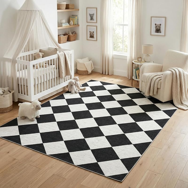5' x 7' Black & White Checkered Area Rug - washable, non-slip backing