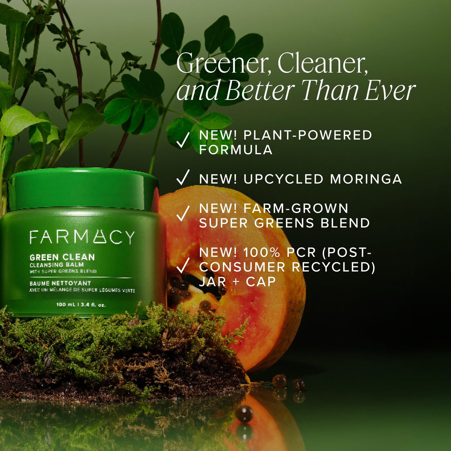 Farmacy Makeup Remover Cleansing Balm - Green Clean Waterproof Makeup Remover + Oil Based Cleanser - Newly Formulated Double Cleanser with Plant Based Waxes + Upcycled Moringa (100ml)