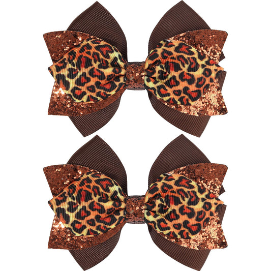 NCMAMA 4 Inch Sparkly Glitter Leopard Print Hair Bow Clips for Girls Sequin Alligator Barrettes Pins for Teens Toddler Children Kids Brown Grosgrain Hair Accessories for Christmas Halloween Birthday