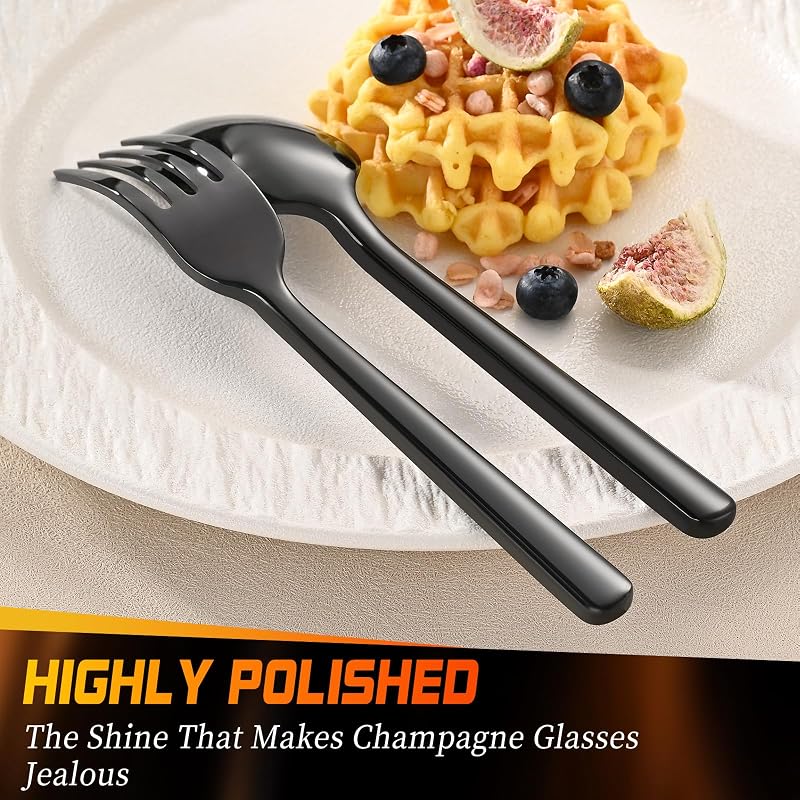40-Piece Black Flatware Set for 8 - Heavy-Duty 18/0 Stainless Steel Silverware with Round Handles - Mirror Polished & Dishwasher Safe - Variation: Black+40