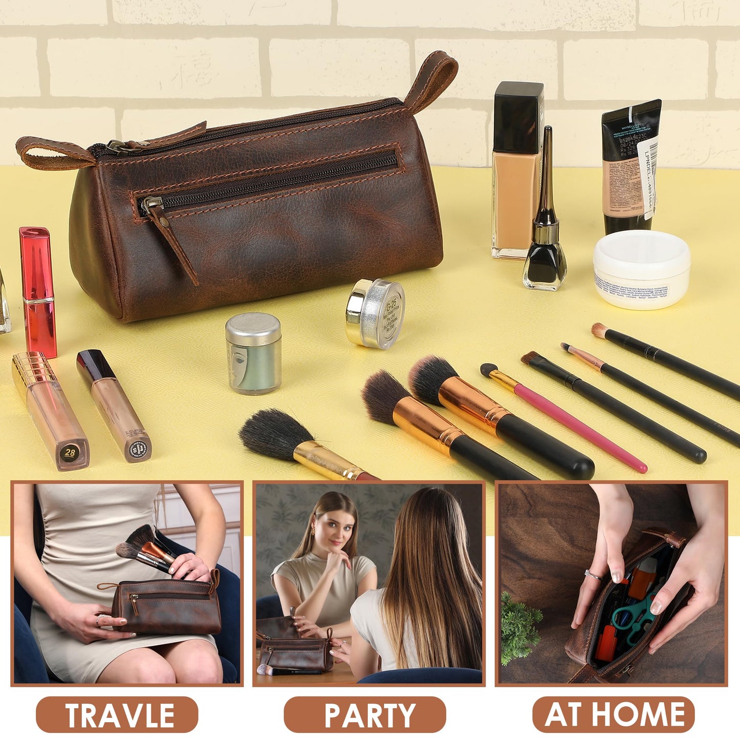 TheAntiq Brown Leather Cosmetic Bags for Women Travel Cosmetic Cases - Multipurpose Zippered Makeup Bag, Small leather Cosmetic Case for Purse - Genuine Leather Makeup Bag Handmade Makeup Pouch