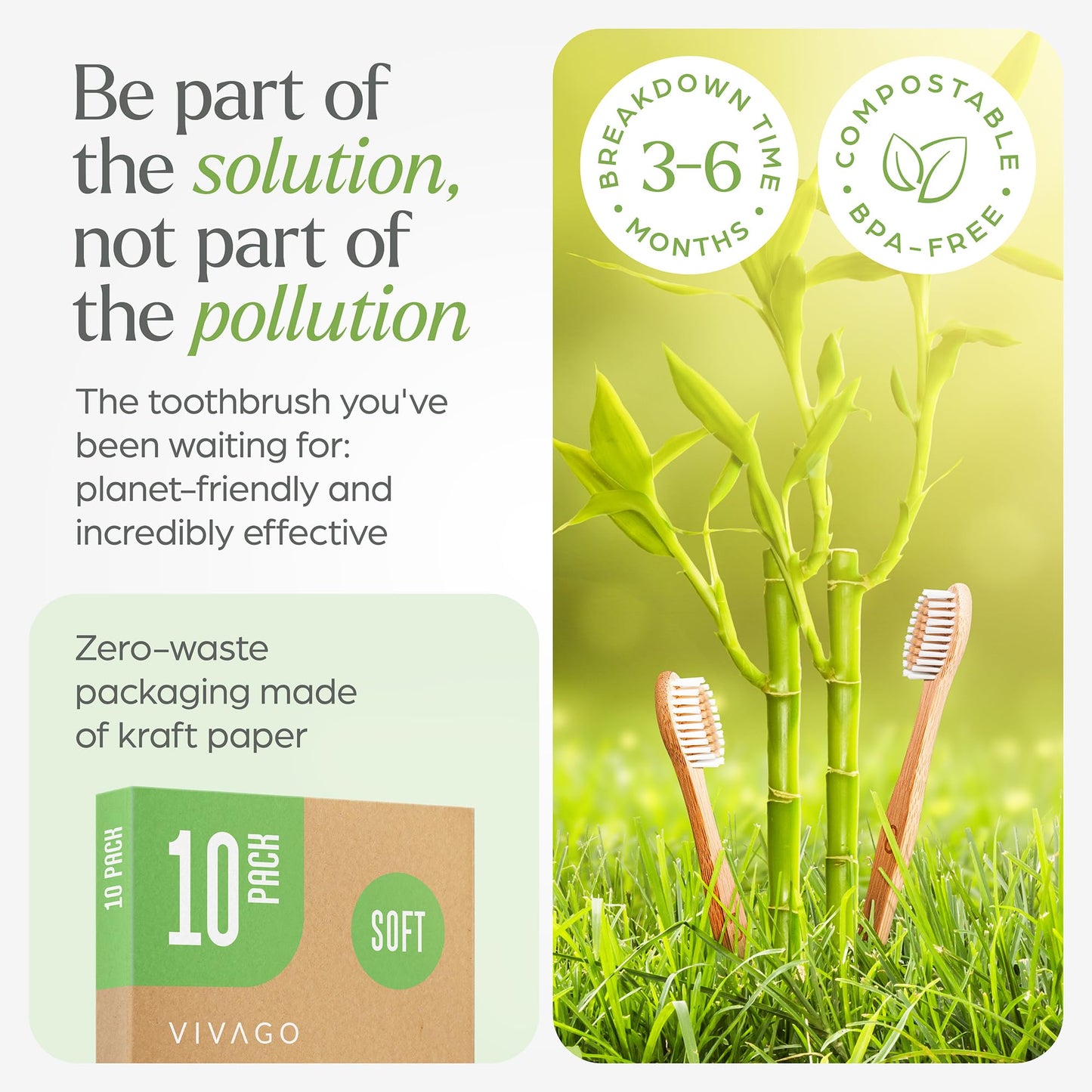 VIVAGO Bamboo Toothbrushes 10 Pack - BPA Free Soft Bristles Toothbrushes, Eco-Friendly, Natural Wooden Toothbrush