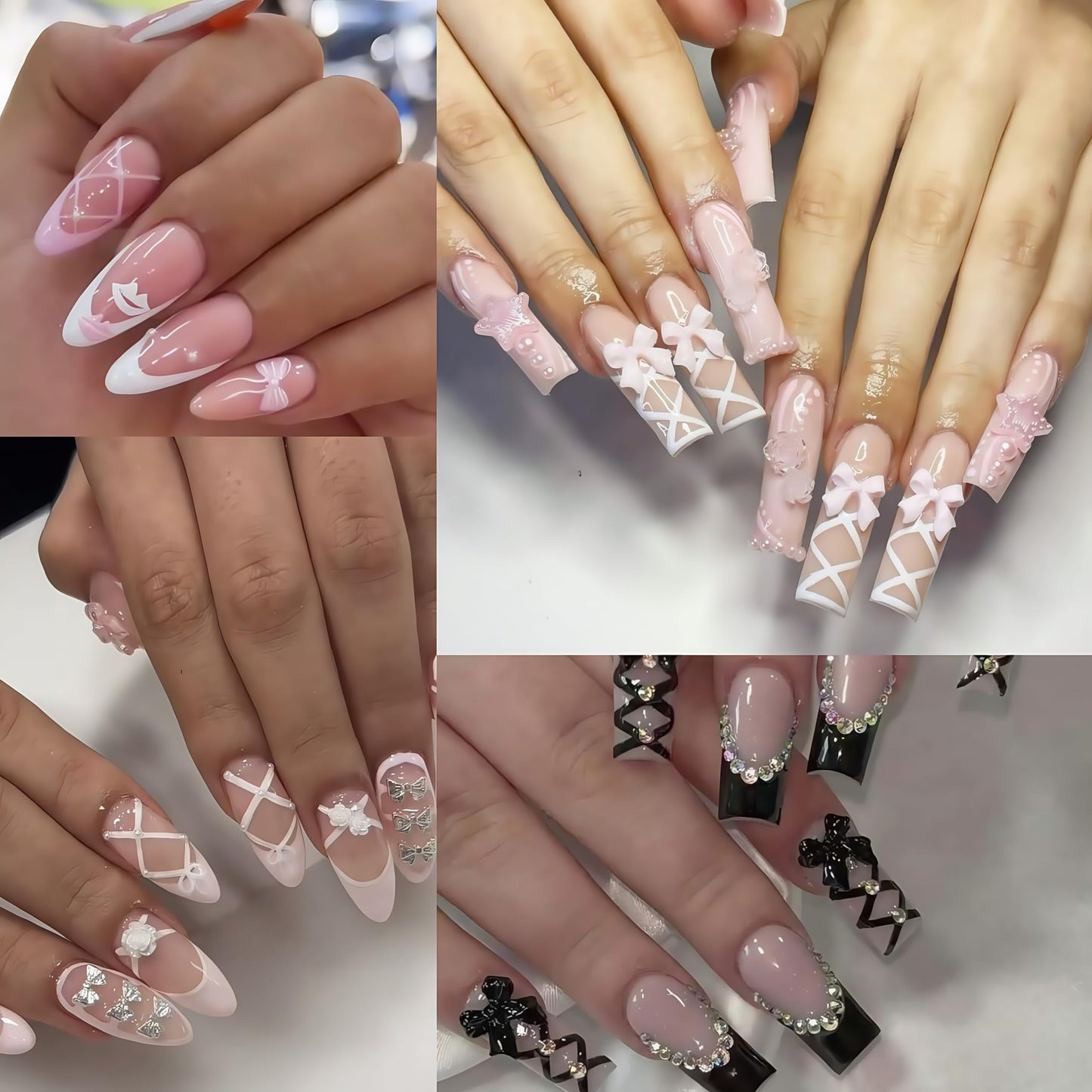 4Pcs Colorful Bow Lace Nail Art Stickers 5D Embossed Pearl Nail Decals Nail Stickers for Nail Art French Romantic Bow French Line Nail Design Nails Accessories Pearl Stripes Nails Supplies for Women