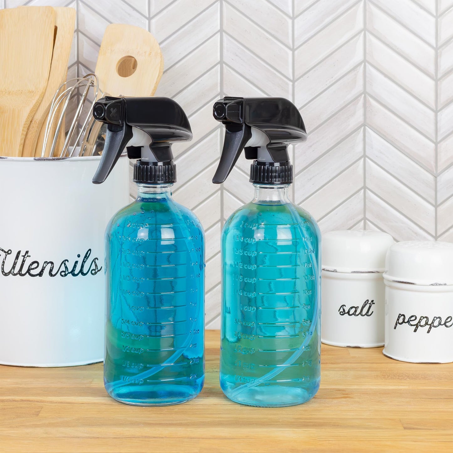 Cornucopia Brands 16-Ounce Clear Glass Spray Bottles with Measurements (Pack of 2) Sprayer Bottle with 3-Setting Heavy Duty Sprayers for Mist, Stream, OFF