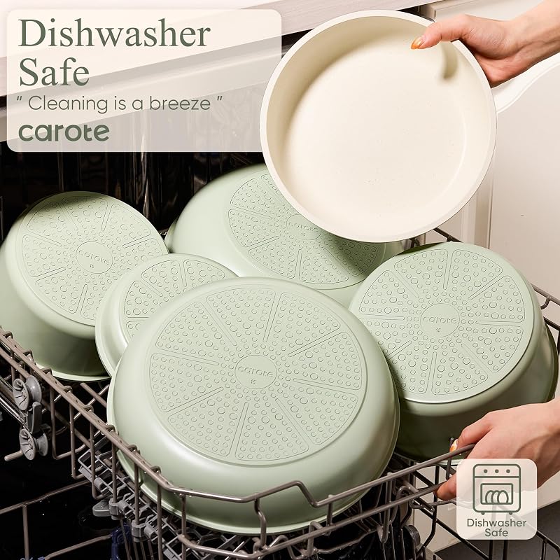 Carote 19-Piece Pots & Pans Set with Detachable Handles - Green Sage (Includes 8" & 10" Frying Pans, 1.5-qt to 4-qt Saucepans, Lids, Protectors)