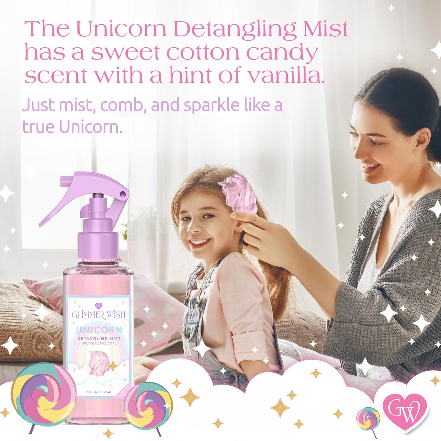 Glimmer Wish Unicorn Hair Detangler Spray – Leave-In Conditioner for Kids & Women, Tangle-Free Detangling Mist, 5 fl oz