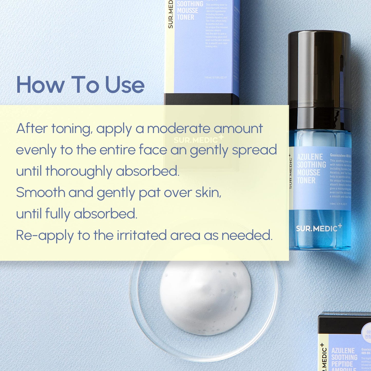 SURMEDIC Azulene Moisturizing Soothing Mousse Toner, Hydrating, Glowing, Calming Bubble Toner for Sensitive, Dry, Dull Skin, Korean Skin Care 3.71 oz / 110ml