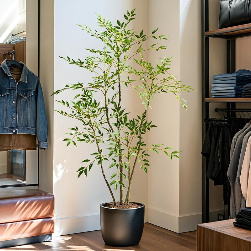4.6ft Faux Bamboo Tree with 800+ Leaves in Cement Planter – Realistic Indoor Nandina Tree, Non-Toxic, Green Variation Included