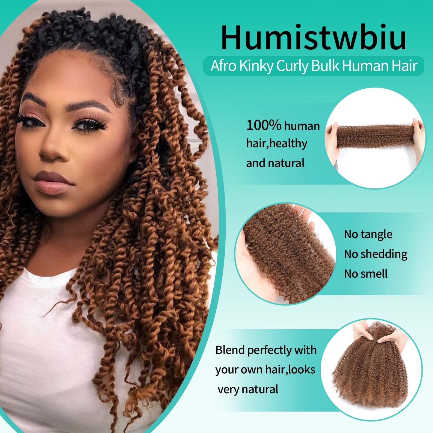 Humistwbiu Afro Kinkys Bulk Human Hair for Dreadlocks Extensions Repair Locs/Twists/Braids 14 Inch 4C Afro Kinky Curly Human Hair 1 Pack 50 Gram 30#