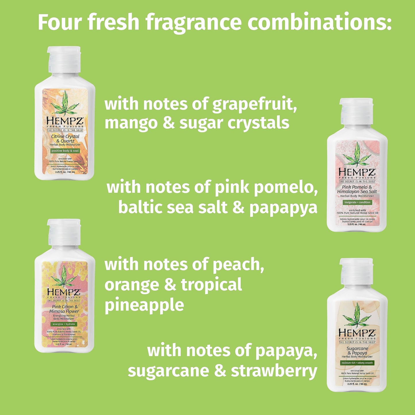 Hempz Fresh Fusion (2.25 Oz 4 Pack) Sugar Cane & Papaya, Pink Pomelo & Himalayan Sea Salt, Pink Citron & Mimosa Flower, Citrine Crystal & Quartz Moisturizer - Mini Travel Lotion for Women or Men