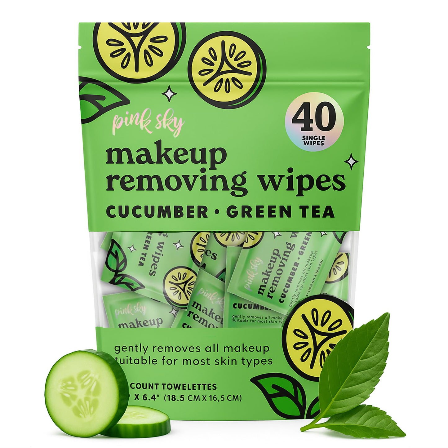 Pink Sky Makeup Remover Wipes for Face - Ultra Soft, Mini Makeup Wipes Individually Wrapped, Travel Makeup Wipes, Gently Cleanse & Remove, 40 Count (40 Wipes, CUCUMBER & GREEN TEA)