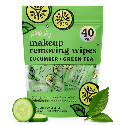 Pink Sky Makeup Remover Wipes for Face - Ultra Soft, Mini Makeup Wipes Individually Wrapped, Travel Makeup Wipes, Gently Cleanse & Remove, 40 Count (40 Wipes, CUCUMBER & GREEN TEA)