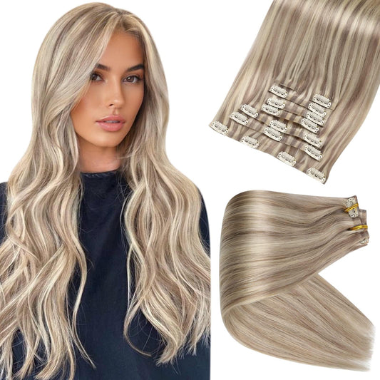 Full Shine Hair Extensions Real Human Hair Clip ins Blonde Highlight Seamless Clip in Human Hair Extensions PU Skin Weft Add Volume 18 Inch 8 Pcs 120 Grams