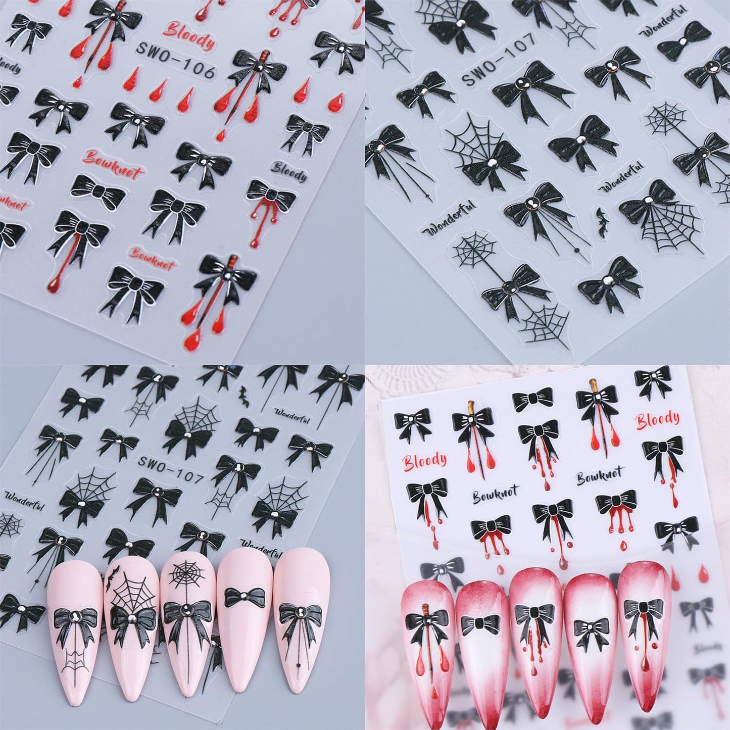 4 Sheets Halloween Nail Stickers for Nail Art Black Bow Spider Web Nail Decals with Crystal Diamond Designs Bloody Bows Nail Art Stickers 5D Self-Adhesive Halloween Nail Decoration for Women
