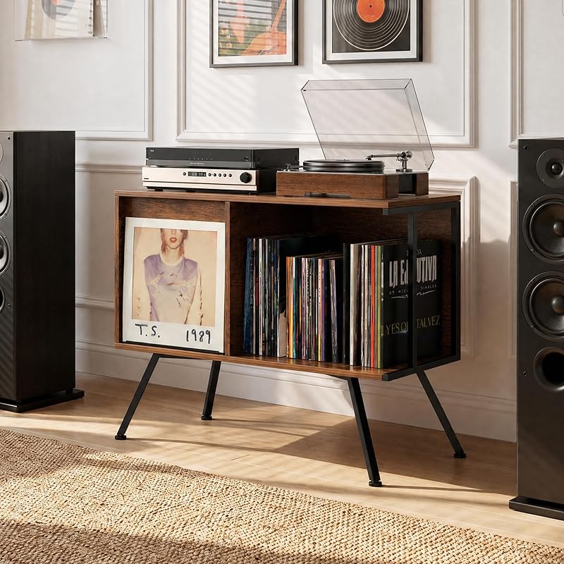 Flip Top Record Player Stand with 150-Album Capacity, Rustic Brown + 2-Tier (Variation)