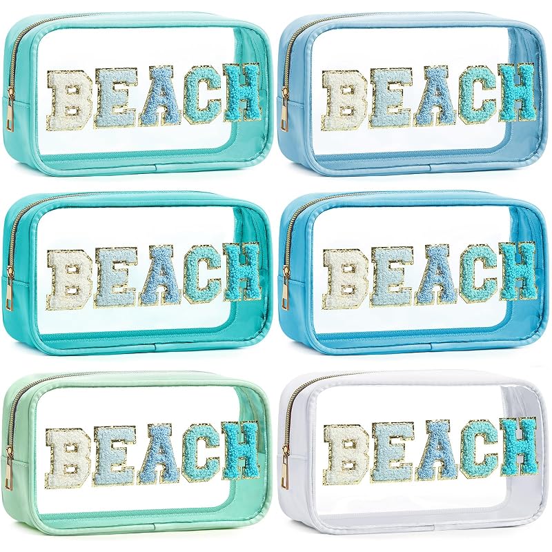 Lake Reflection Beach Clear Makeup Bags Set with Chenille Letter Patches - 6 Pcs Waterproof Toiletry Bags