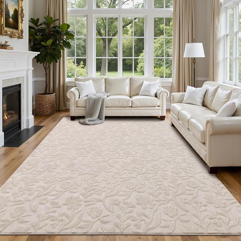 6x9 Beige Area Rug for Living Room & Bedroom - Modern Boho Woven Floral Pattern (Variation: Beige 6' x 9' Rectangular)
