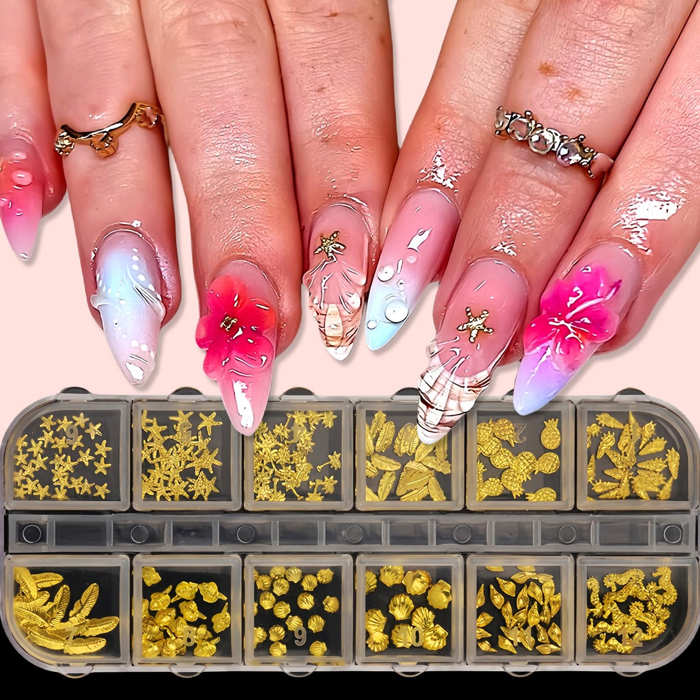3D Metal Nail Art Studs Mixed Shapes Gold Shell Seahorse Starfish Conch Alloy Nail Rivets Seashell Starfish Nail Rhinestones Ocean Theme Designs Summer Beach DIY Crafts Manicure Decoration 12 Grids
