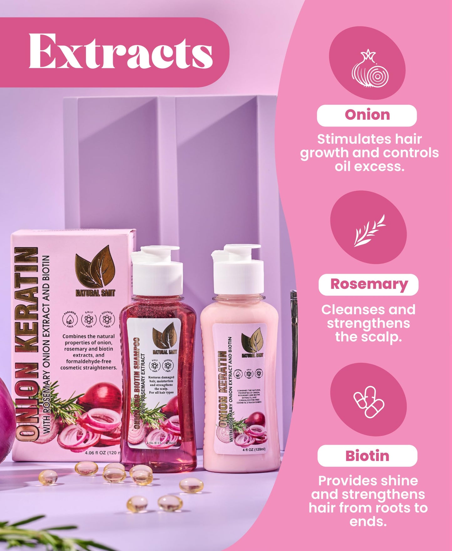 NATURAL SANT - Onion Keratin DuoBox 120ml – Deep Repair & Smoothing for Dry, Damaged Hair, Frizz Control & Heat Protection with Biotin & Rosemary