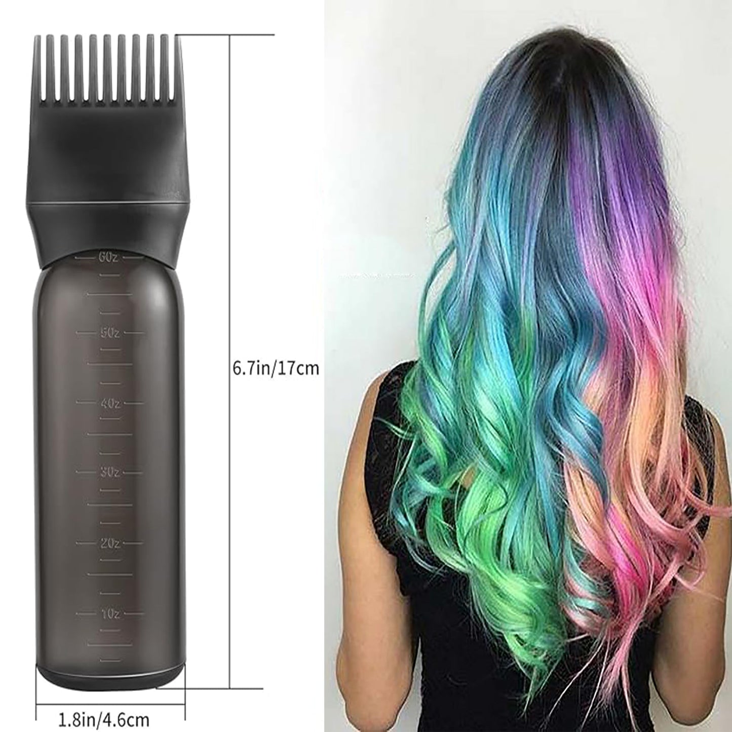 Pairswind 200ml Black & Pink Reusable Plastic Hair Oiling & Dye Application Bottle with Mist Spray & Continuous Spray, 3.2" x 6.1" Rectangular Bottle, 2-Pack with Scalp Massage Comb
