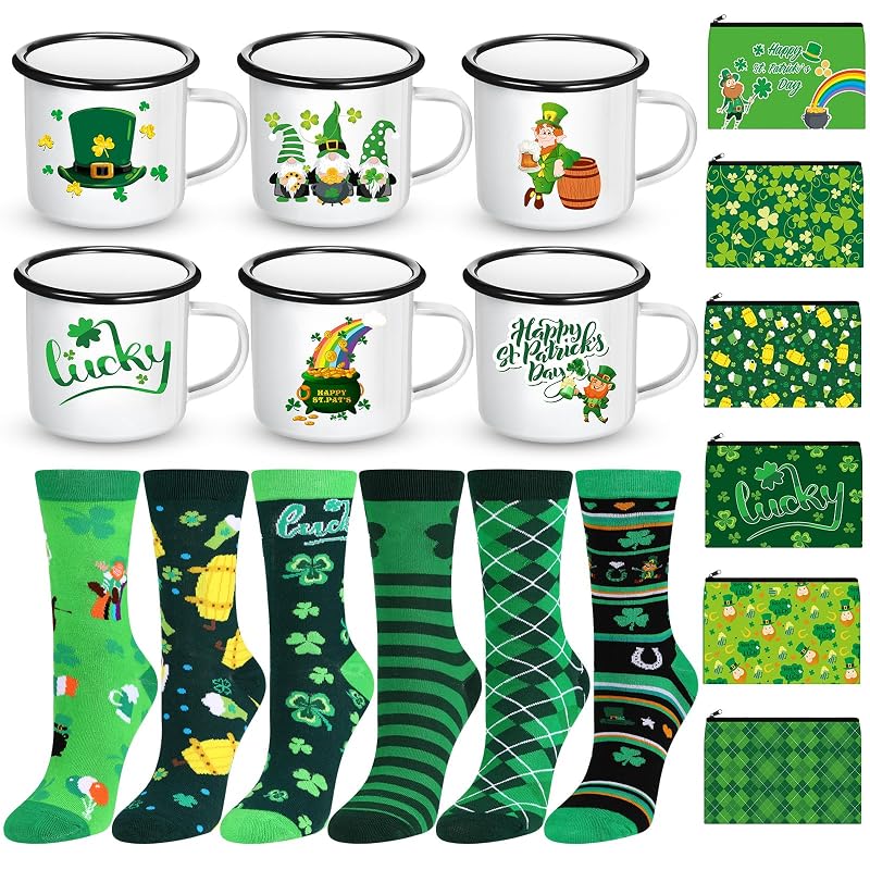 St Patrick's Day Gift Set - 18 Pcs Enamel Mugs, Makeup Bags & Shamrock Socks - Variation: St. Patrick’s Day