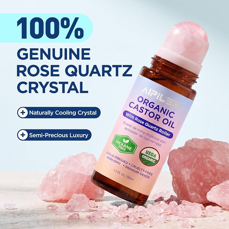 Organic Castor Oil Rollerball for Face & Skin - Rose Quartz Roll On, 1.7 Fl Oz (Yellow) - AIPILER