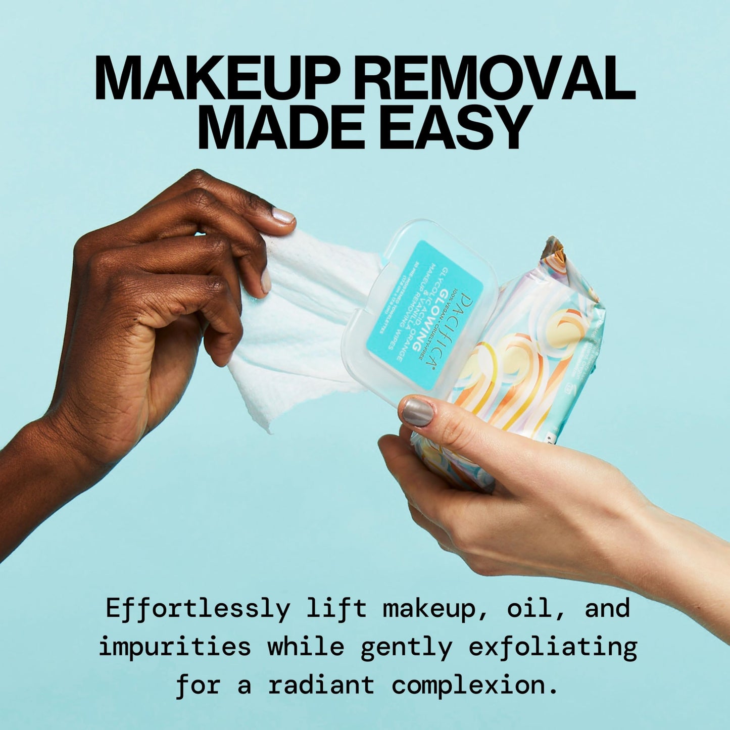 Pacifica Beauty | Glowing Makeup Remover Wipes | Gycolic Acid, Coconut Water, Aloe Infused | Daily Cleansing + Exfoliating | Clean Skin Care | Plant Fiber Facial Towelettes | 4 Count | Vegan