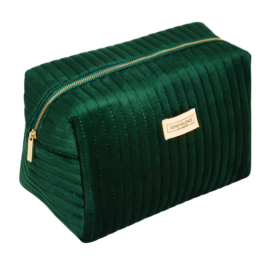 Benevolence LA Plush Velvet Large Makeup Bag for Travel | Cosmetic Pouch, Toiletry Organizer for Women, Large Capacity Bag for Accessories, Quilted Purse - Emerald Green