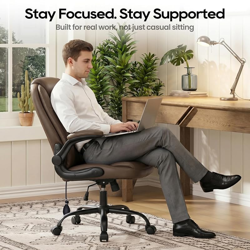 MALOL Leather Office Chair with Flip-Up Arms, Brown – Variation: Brown+Set of 1