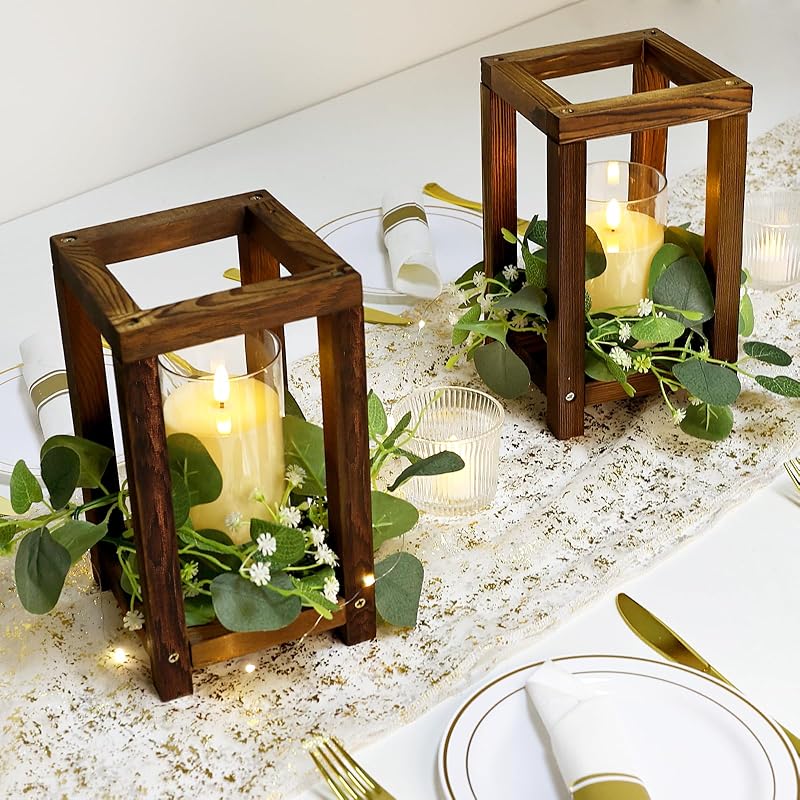 Variation: 18 Pcs Wooden Lantern Centerpiece for Table Decor Green+6 Sets
